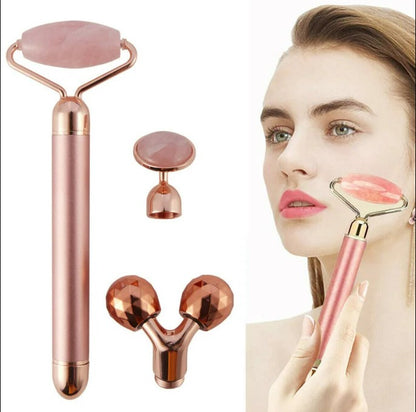 3 in1 Electric Vibrating Natural Rose Quartz Jade Facial Roller_0